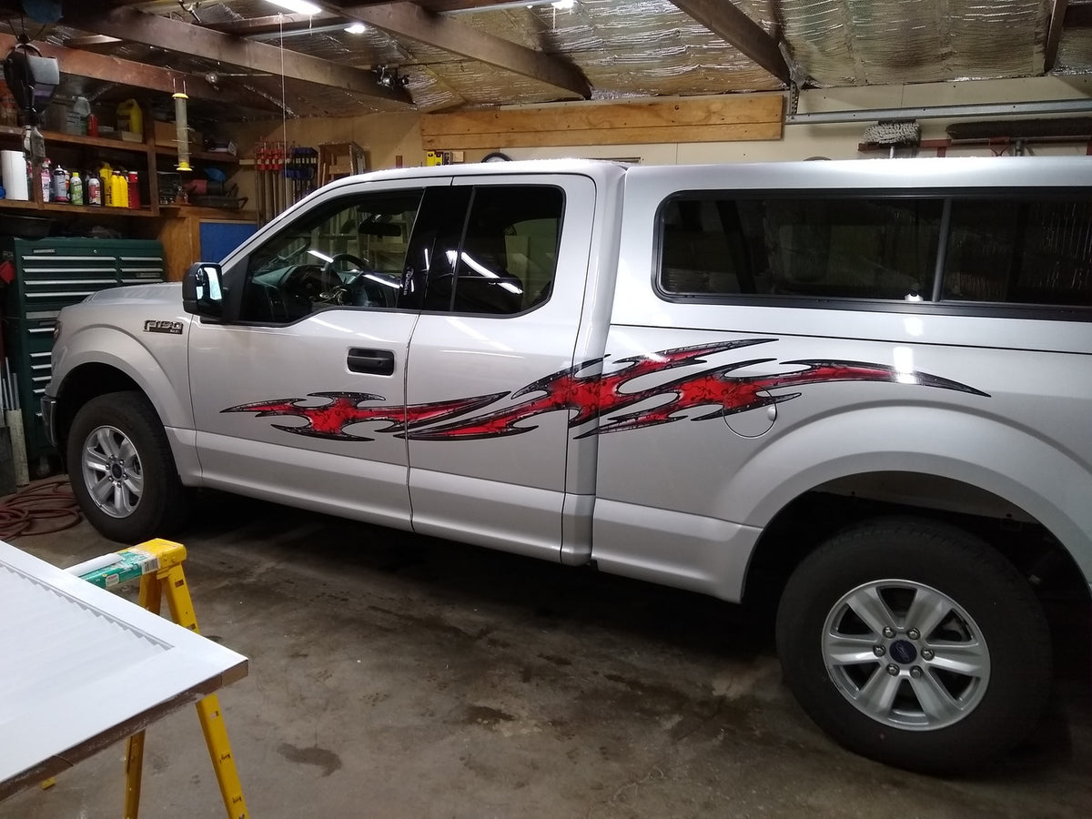 tribal flares vinyl decals on silver truck